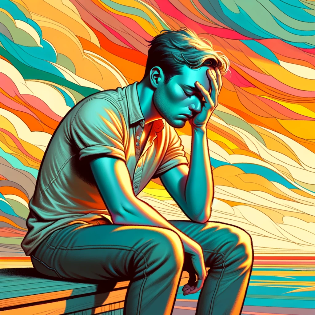 DALL·E 2024-03-11 09.47.05 - Depict an LGBTQ+ person in a moment of vulnerability, using a color scheme of #5ac4b0 (turquoise), #de5935 (coral), and #f7cd46 (yellow). The scene po