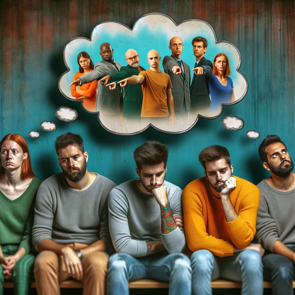 DALL·E 2024-03-19 15.52.53 - An image depicting several members of the LGBTQ community looking unhappy, with a thought balloon above them. Inside the balloon is an image of people